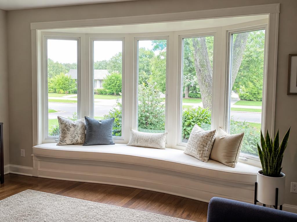 Five-panel bow window with white frames and a window seat in an Elmhurst, Illinois living room